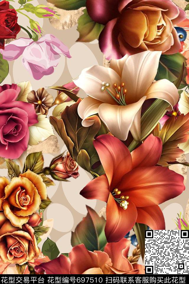324354.1.jpg - 697510 - lattice flowers romantic - 数码印花花型 － 女装花型设计 － 瓦栏
