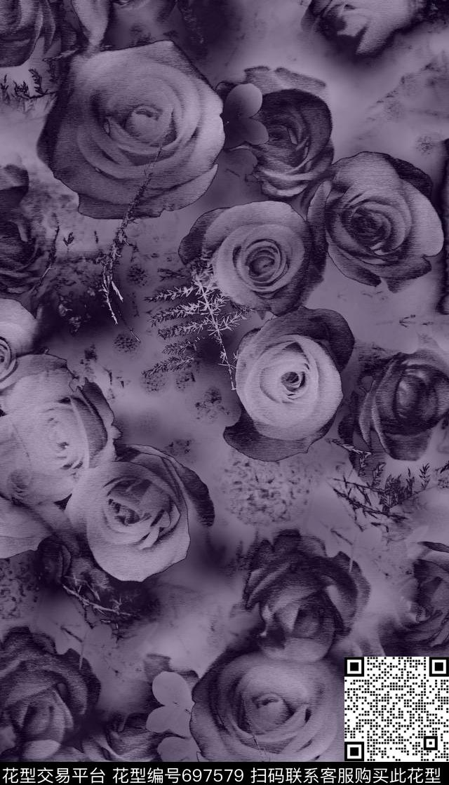 S08--AH030.jpg - 697579 - 花卉 玫瑰 暗紫色 - 数码印花花型 － 女装花型设计 － 瓦栏