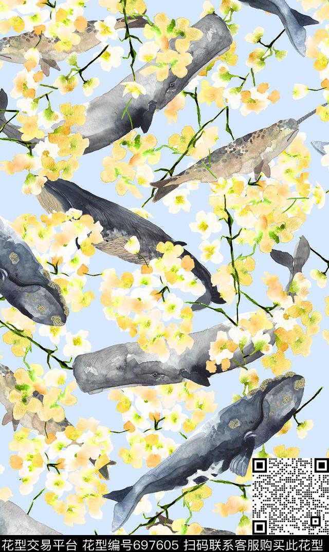 水彩桃花海洋鲸鱼-b.jpg - 697605 - 水彩手绘花卉 海洋鱼类 手绘水彩水墨桃花 - 数码印花花型 － 女装花型设计 － 瓦栏