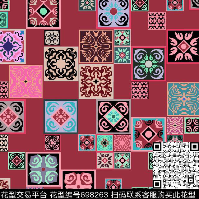 方块民族瓷砖豆.jpg - 698263 - 地毯 宫廷风 波西米亚 - 传统印花花型 － 女装花型设计 － 瓦栏