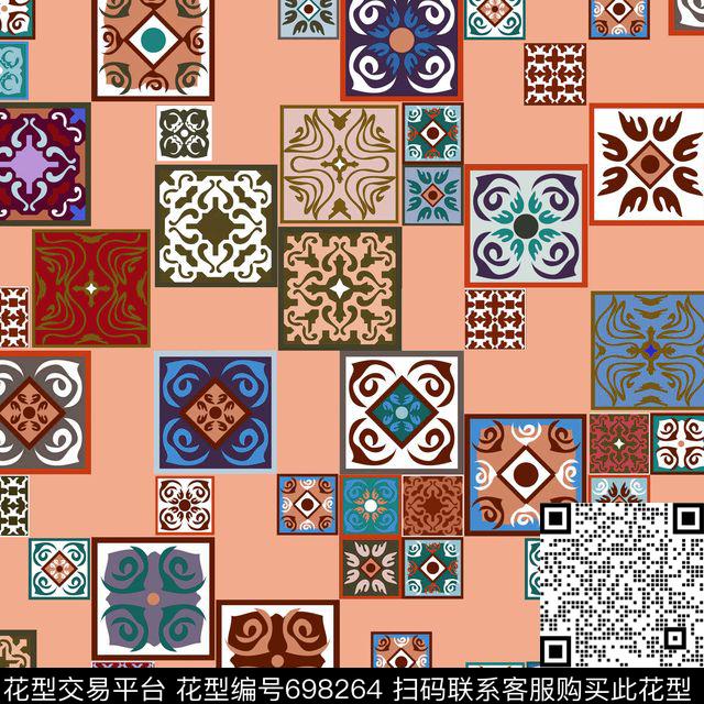 方块民族瓷砖粉.jpg - 698264 - 地毯 宫廷风 波西米亚 - 传统印花花型 － 女装花型设计 － 瓦栏