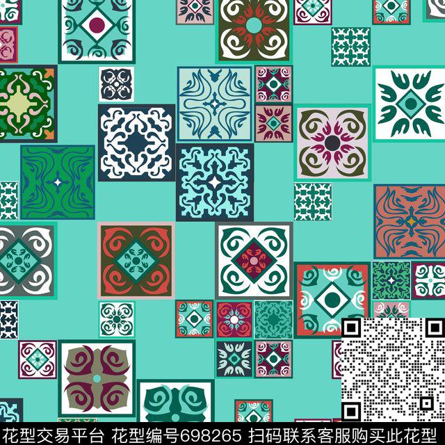 方块民族瓷砖蓝.jpg - 698265 - 地毯 宫廷风 波西米亚 - 传统印花花型 － 女装花型设计 － 瓦栏