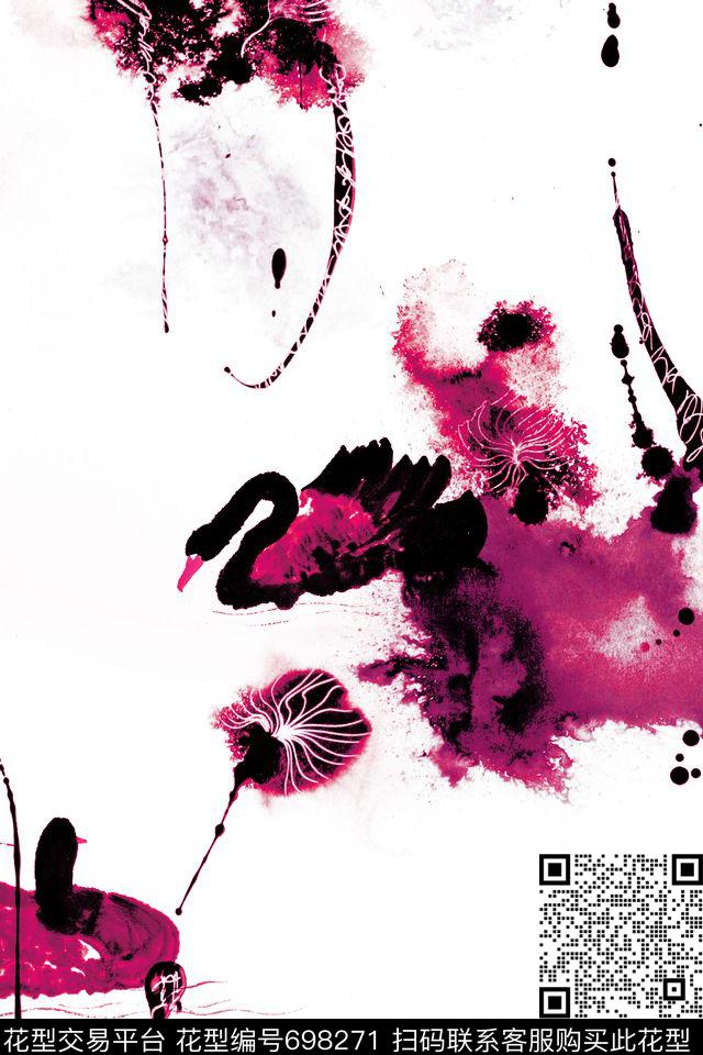 g1610143-3.jpg - 698271 - 水墨 天鹅 手绘 - 数码印花花型 － 女装花型设计 － 瓦栏