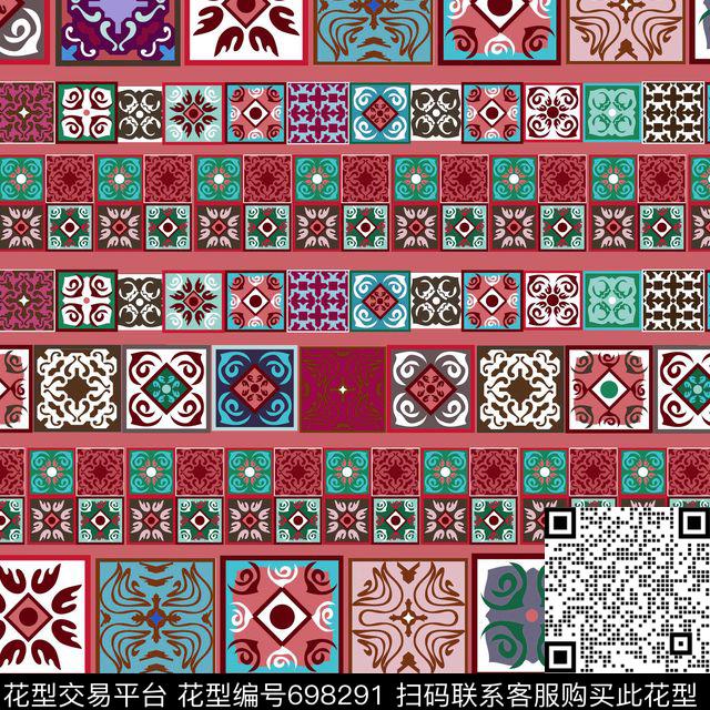 方块民族瓷砖条形豆.jpg - 698291 - 波西米亚 地毯 宫廷风 - 传统印花花型 － 女装花型设计 － 瓦栏
