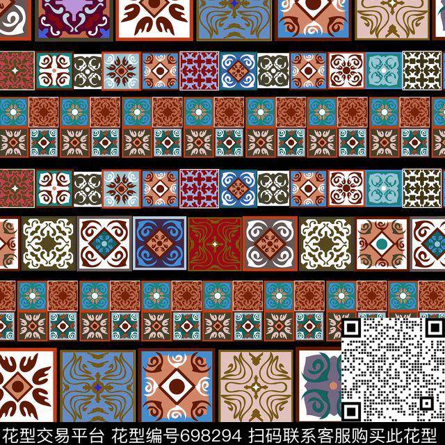 方块民族瓷砖条形黑.jpg - 698294 - 波西米亚 地毯 宫廷风 - 传统印花花型 － 女装花型设计 － 瓦栏