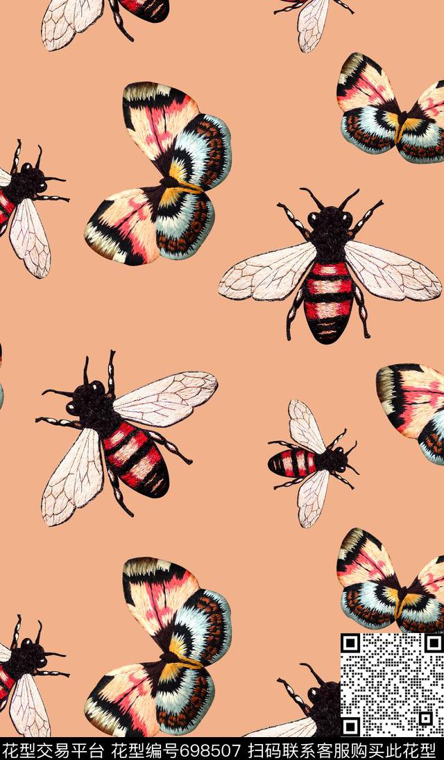 刺绣蜜蜂与蝴蝶.jpg - 698507 - 蝴蝶 蜜蜂 昆虫 - 数码印花花型 － 女装花型设计 － 瓦栏