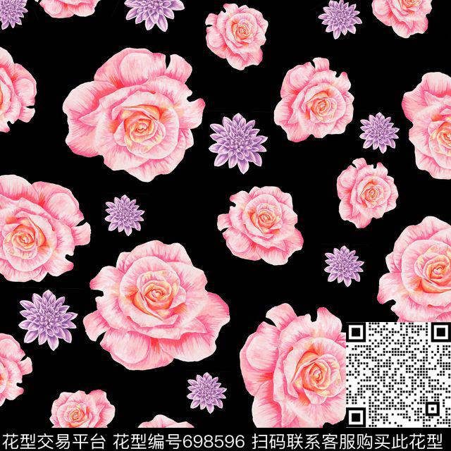 花朵月季榄菊黑.jpg - 698596 - 雏菊 玫瑰 花朵 - 数码印花花型 － 女装花型设计 － 瓦栏