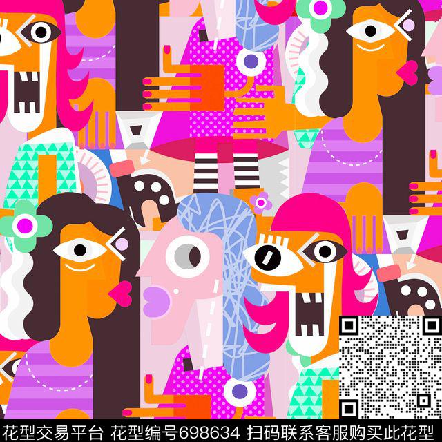 卡通人物毕加索风粉.jpg - 698634 - 卡通 人物 毕加索风 - 数码印花花型 － 女装花型设计 － 瓦栏