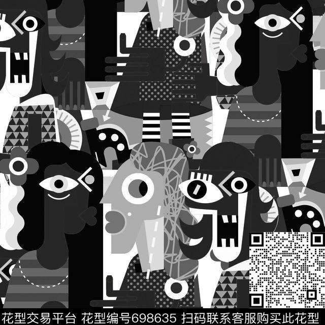 卡通人物毕加索风黑.jpg - 698635 - 卡通 人物 毕加索风 - 数码印花花型 － 女装花型设计 － 瓦栏