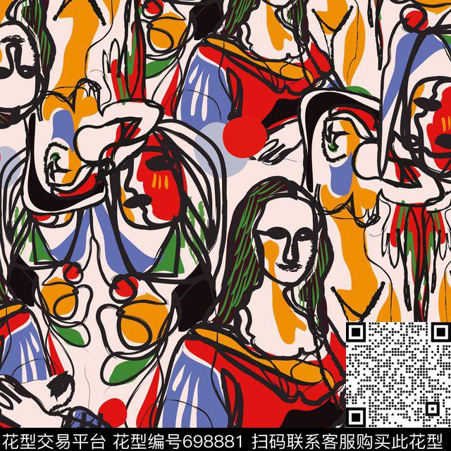 涂鸦卡通蒙拉丽莎.jpg - 698881 - 抽象 人像 毕加索涂鸦风格人物 - 数码印花花型 － 女装花型设计 － 瓦栏