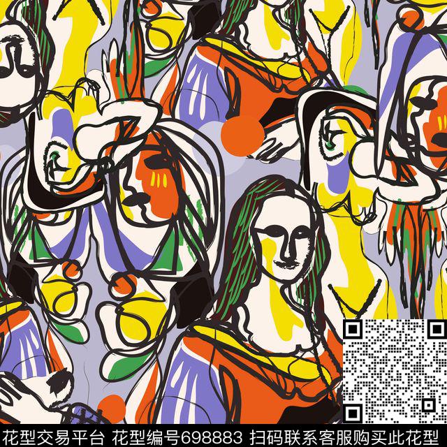涂鸦卡通蒙拉丽莎黄.jpg - 698883 - 抽象 人像 毕加索涂鸦风格人物 - 数码印花花型 － 女装花型设计 － 瓦栏