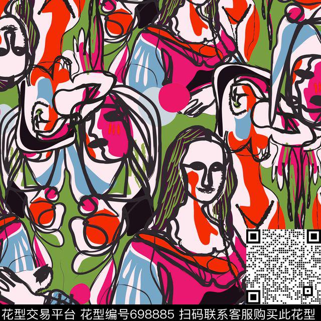 涂鸦卡通蒙拉丽莎紫.jpg - 698885 - 抽象 人像 毕加索涂鸦风格人物 - 数码印花花型 － 女装花型设计 － 瓦栏