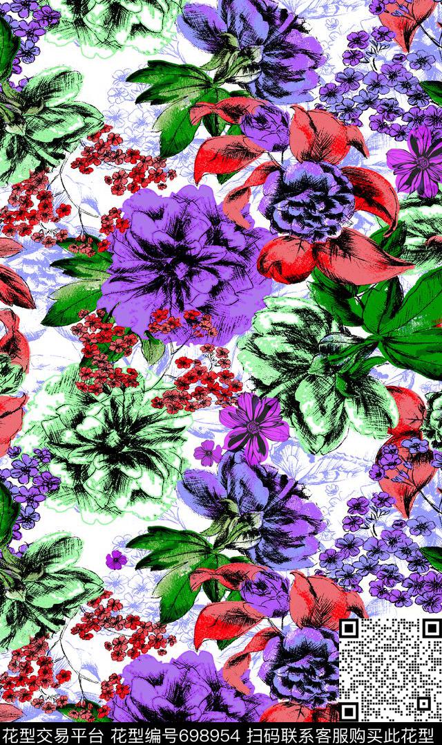 手绘彩色花朵--2.jpg - 698954 - 手绘花朵 大花 花朵 - 传统印花花型 － 女装花型设计 － 瓦栏