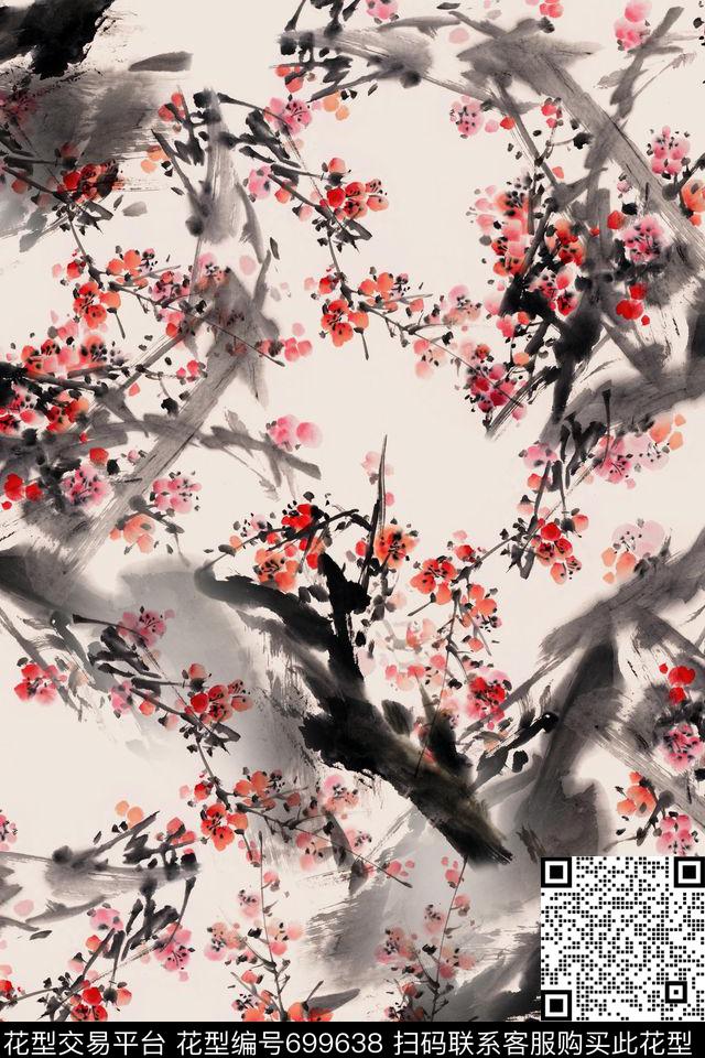 CYWL-420.jpg - 699638 - 民族风 花卉 中国风写意梅花 - 数码印花花型 － 女装花型设计 － 瓦栏