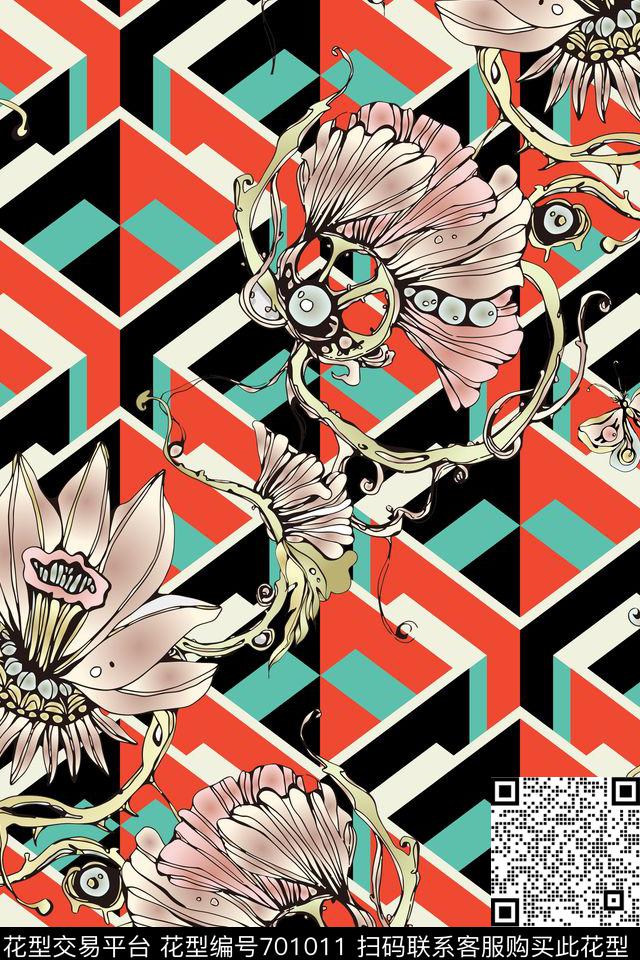 格.jpg - 701011 - 植物纹 女装 格子 - 数码印花花型 － 女装花型设计 － 瓦栏