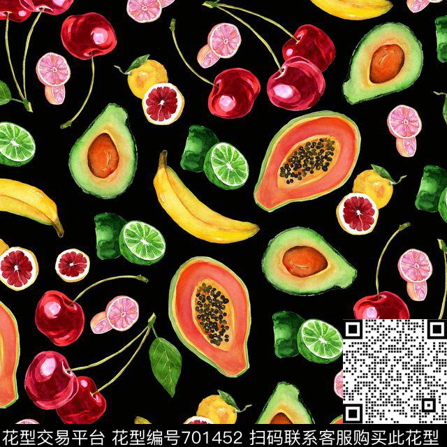 水果木瓜牛油果青柠香蕉.jpg - 701452 - 香蕉 柠檬 水果 - 数码印花花型 － 女装花型设计 － 瓦栏