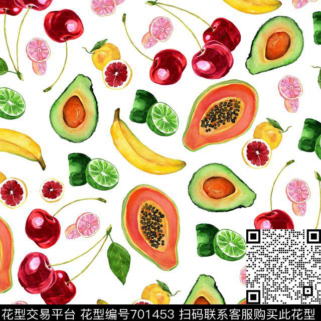 水果木瓜牛油果青柠香蕉白.jpg - 701453 - 香蕉 柠檬 水果 - 数码印花花型 － 女装花型设计 － 瓦栏