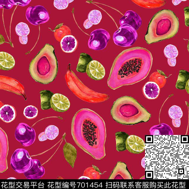 水果木瓜牛油果青柠香蕉红.jpg - 701454 - 香蕉 柠檬 水果 - 数码印花花型 － 女装花型设计 － 瓦栏