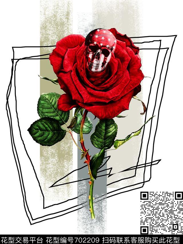 HOT0055.tif - 702209 - 大牌 玫瑰 骷髅头鬼头 - 传统印花花型 － 男装花型设计 － 瓦栏