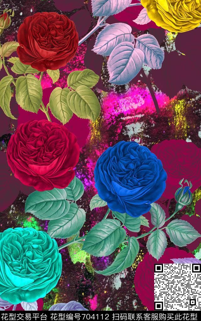 MAX460-色1.tif - 704112 - MAX-女装花卉 手绘复古玫瑰花卉 幻彩底纹 - 数码印花花型 － 女装花型设计 － 瓦栏