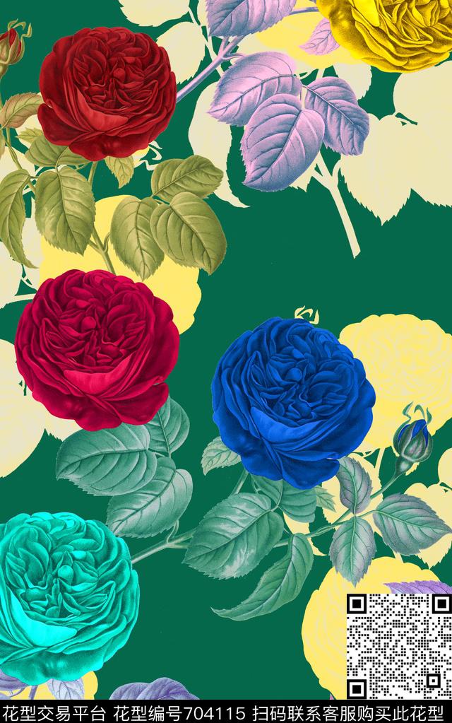 MAX460-色3.tif - 704115 - MAX-女装花卉 手绘复古玫瑰花卉 幻彩底纹 - 数码印花花型 － 女装花型设计 － 瓦栏