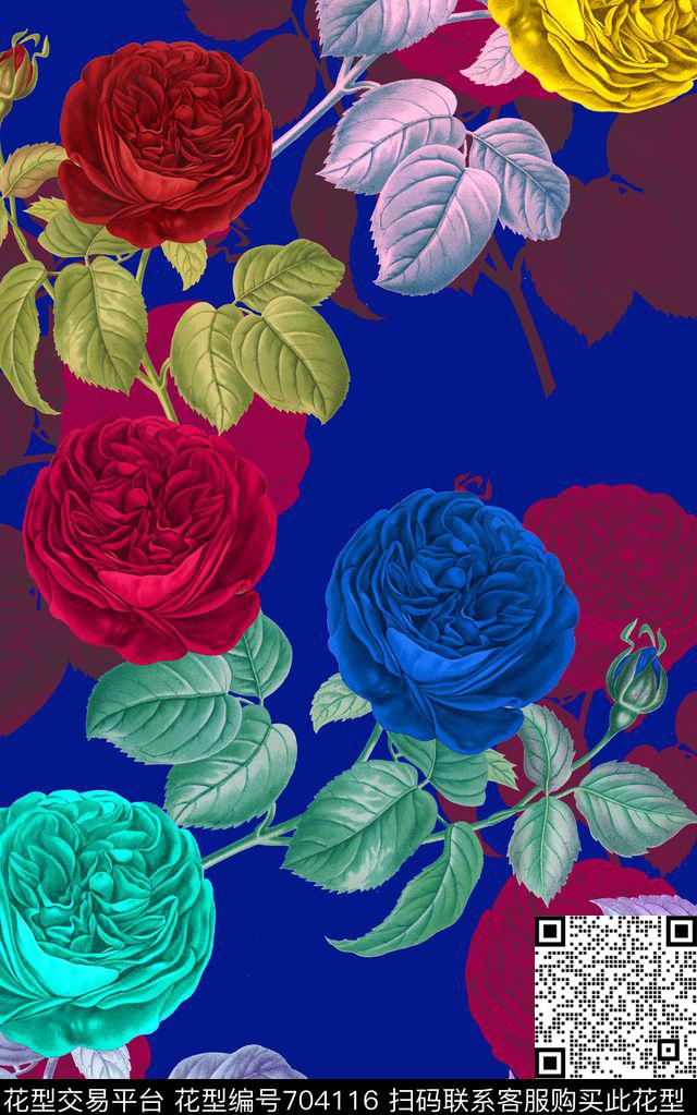 MAX460-色4.tif - 704116 - MAX-女装花卉 手绘复古玫瑰花卉 幻彩底纹 - 数码印花花型 － 女装花型设计 － 瓦栏