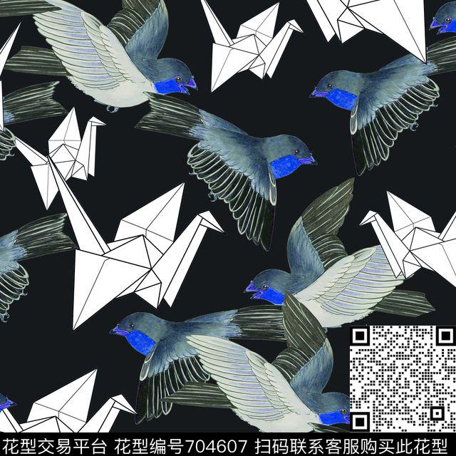 纸鹤小鸟蓝.jpg - 704607 - 飞翔小鸟 纸鹤 小鸟 - 数码印花花型 － 女装花型设计 － 瓦栏