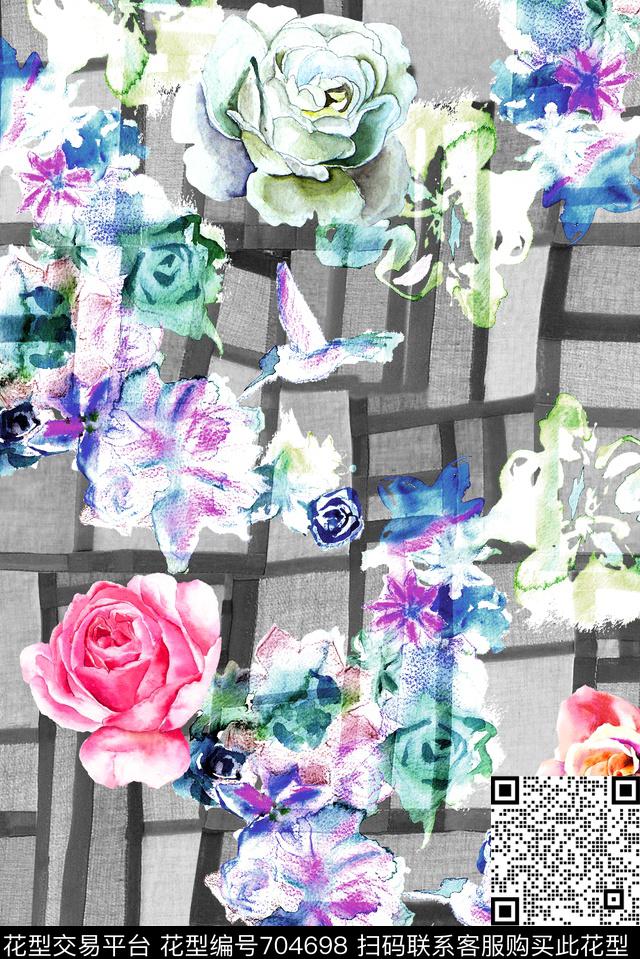 MAX461-色1.tif - 704698 - 格子条纹织布底纹 MAX-女装花卉 手绘复古玫瑰花卉 - 数码印花花型 － 女装花型设计 － 瓦栏