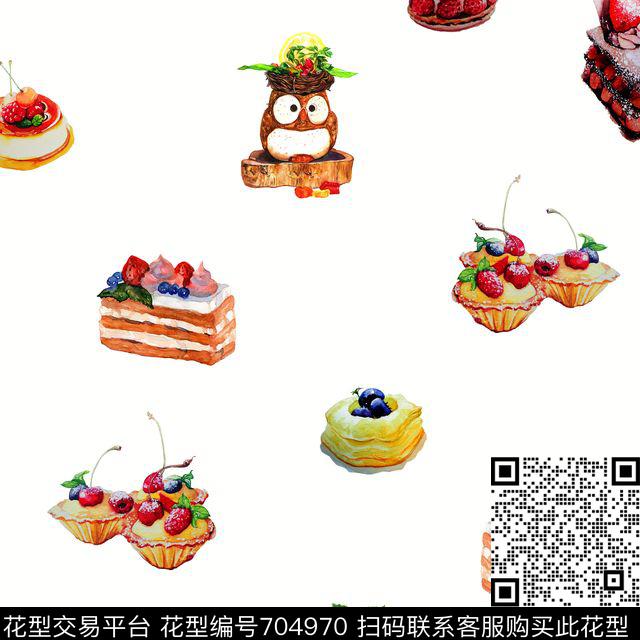 蛋糕马卡龙蛋挞草莓白.jpg - 704970 - 樱桃 柠檬 趣味 - 数码印花花型 － 女装花型设计 － 瓦栏