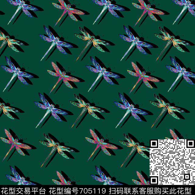 民族花纹阴影蜻蜓绿.jpg - 705119 - 昆虫 民族花纹蜻蜓 阴影 - 数码印花花型 － 女装花型设计 － 瓦栏
