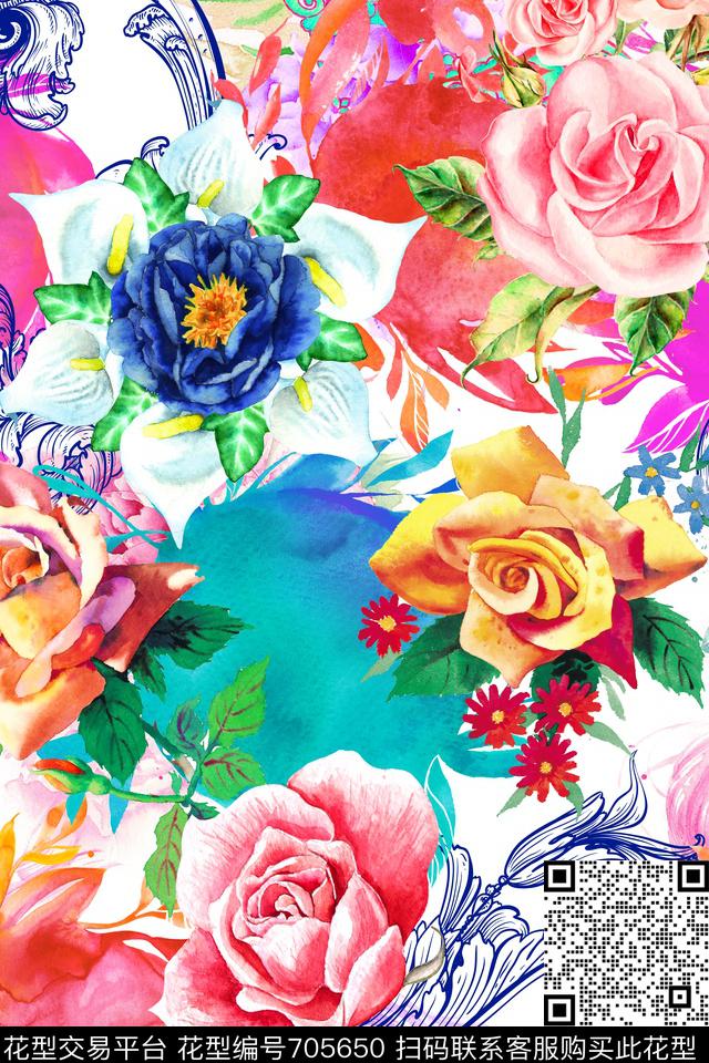 MAX465-色3.tif - 705650 - 手绘水彩 玫瑰 MAX-女装花卉 - 数码印花花型 － 女装花型设计 － 瓦栏