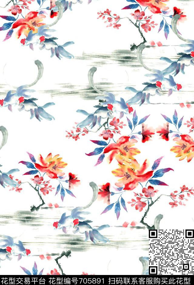 01-3.tif - 705891 - 国画 鱼 花卉 - 数码印花花型 － 女装花型设计 － 瓦栏