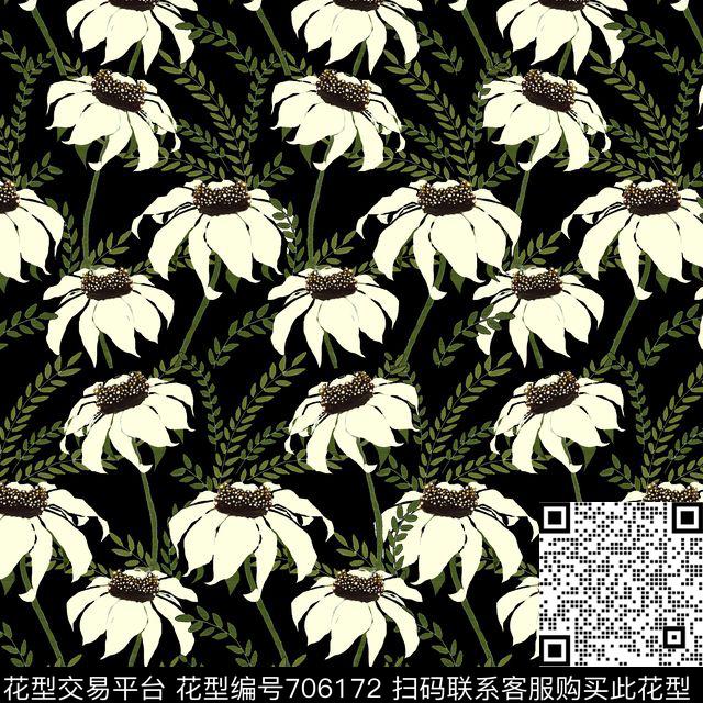 白榄菊野草黑.jpg - 706172 - 菊花 花朵 花卉 - 传统印花花型 － 女装花型设计 － 瓦栏