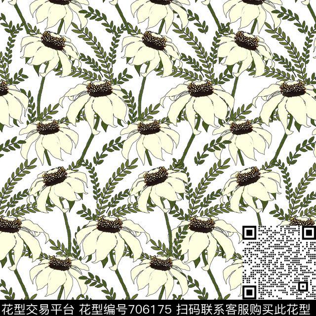 白榄菊野草白.jpg - 706175 - 菊花 花朵 花卉 - 传统印花花型 － 女装花型设计 － 瓦栏