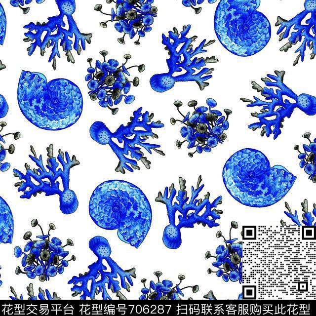 蜗牛白.jpg - 706287 - 沙滩贝壳蜗牛 热带 珊瑚 - 数码印花花型 － 女装花型设计 － 瓦栏