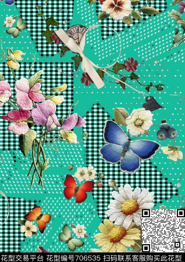 立体几何刺绣蝴蝶花与鸟3.jpg - 706535 - 格子 花卉 蝴蝶 - 数码印花花型 － 女装花型设计 － 瓦栏