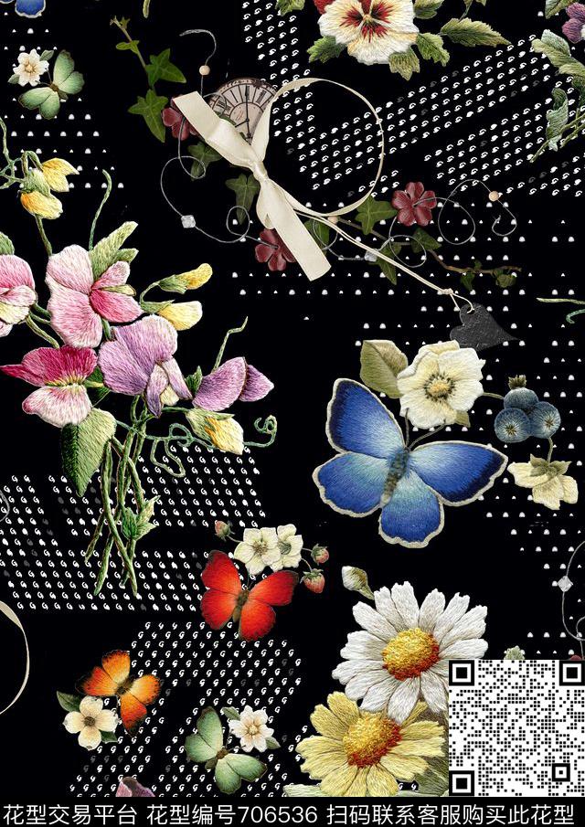 立体几何刺绣蝴蝶花与鸟4.jpg - 706536 - 格子 花卉 蝴蝶 - 数码印花花型 － 女装花型设计 － 瓦栏