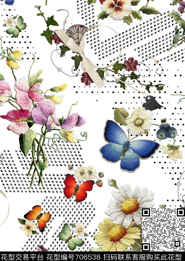 立体几何刺绣蝴蝶花与鸟6.jpg - 706538 - 格子 花卉 蝴蝶 - 数码印花花型 － 女装花型设计 － 瓦栏