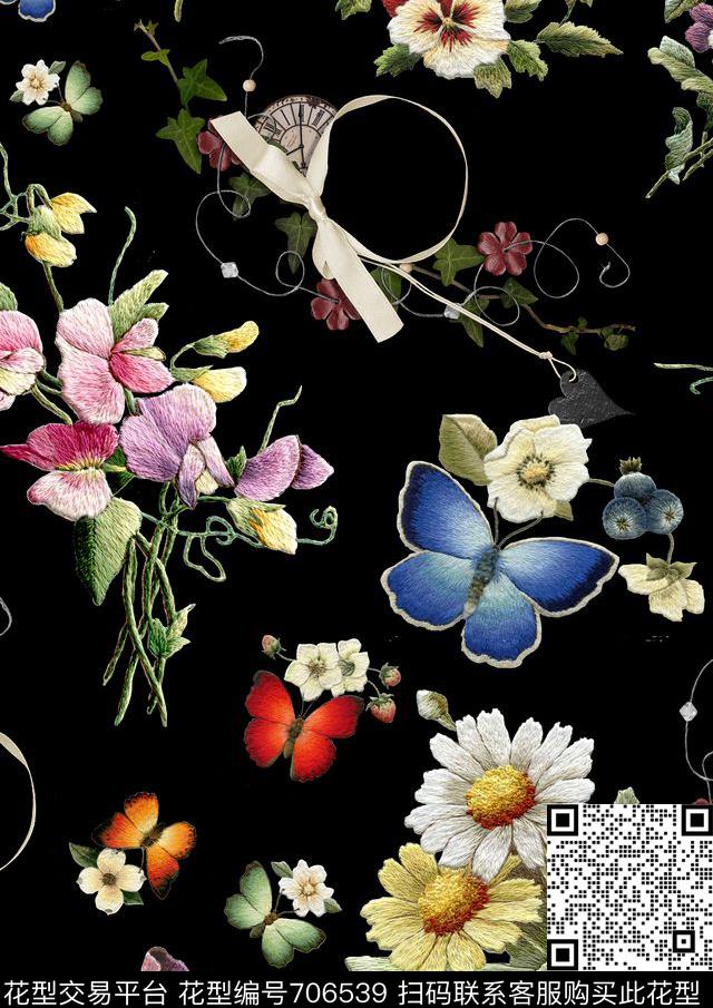 立体几何刺绣蝴蝶花与鸟7.jpg - 706539 - 格子 花卉 蝴蝶 - 数码印花花型 － 女装花型设计 － 瓦栏