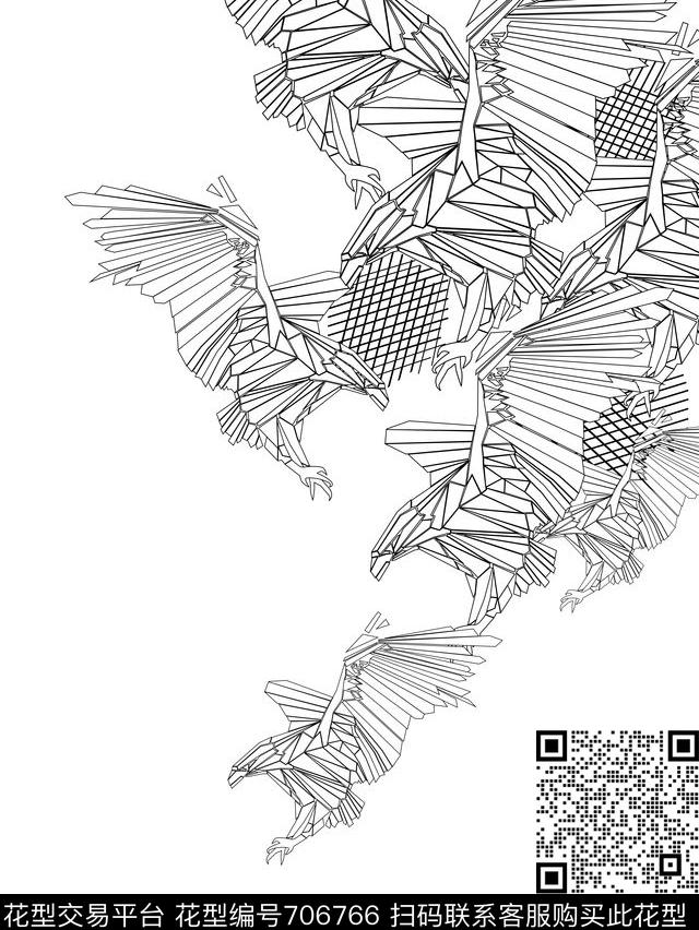 阿玛尼几何线条鹰.jpg - 706766 - 阿玛尼风格几何线条鹰 原创时尚男装花 适用于卫衣t恤衬衫夹克 - 传统印花花型 － 男装花型设计 － 瓦栏