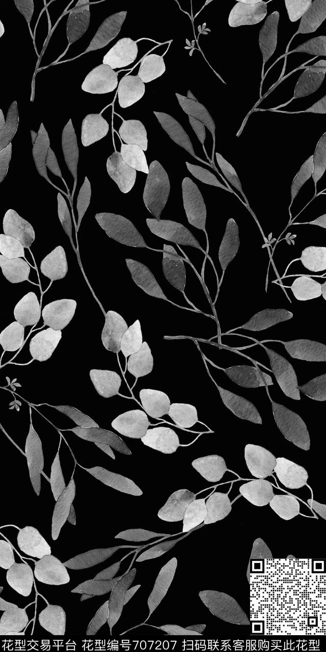 20160917-1S.jpg - 707207 - 黑底 黑白 树叶 - 数码印花花型 － 女装花型设计 － 瓦栏