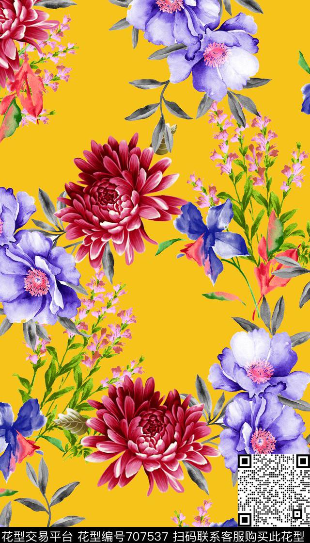 918创意时尚花卉.jpg - 707537 - 时尚创意花卉 黄色 水彩 - 数码印花花型 － 女装花型设计 － 瓦栏