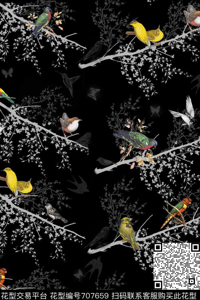 М10.jpg - 707659 - watercolor birds trees - 数码印花花型 － 男装花型设计 － 瓦栏
