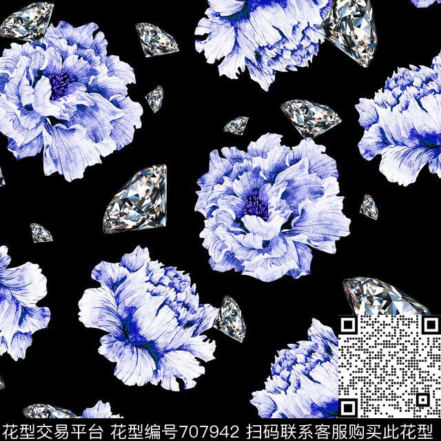 花卉水钻黑.jpg - 707942 - 花朵 花卉 水钻 - 数码印花花型 － 女装花型设计 － 瓦栏