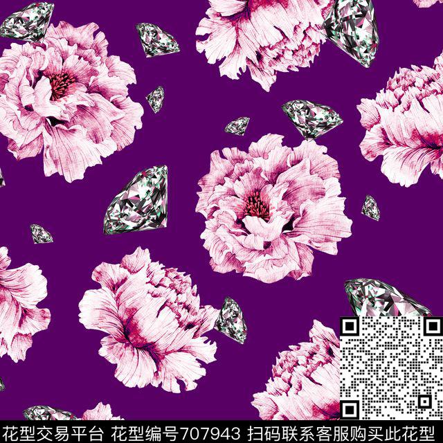 花卉水钻黑紫.jpg - 707943 - 花朵 花卉 水钻 - 数码印花花型 － 女装花型设计 － 瓦栏