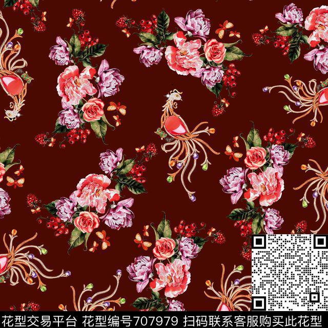 珠宝凤凰花卉.jpg - 707979 - 乱花 花朵 花卉 - 数码印花花型 － 女装花型设计 － 瓦栏