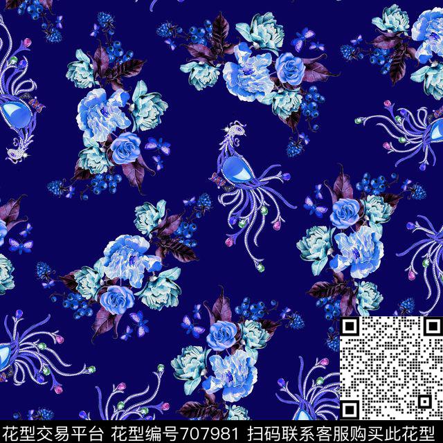 珠宝凤凰花卉蓝.jpg - 707981 - 乱花 花朵 花卉 - 数码印花花型 － 女装花型设计 － 瓦栏