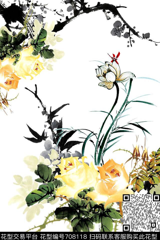 YSA2100343 水墨.jpg - 708118 - 水墨 中国风 素雅 - 数码印花花型 － 女装花型设计 － 瓦栏