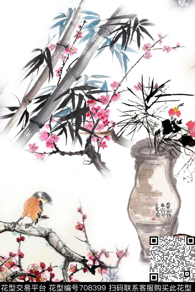 zf-574.jpg - 708399 - 国画 水墨 花卉 - 数码印花花型 － 女装花型设计 － 瓦栏