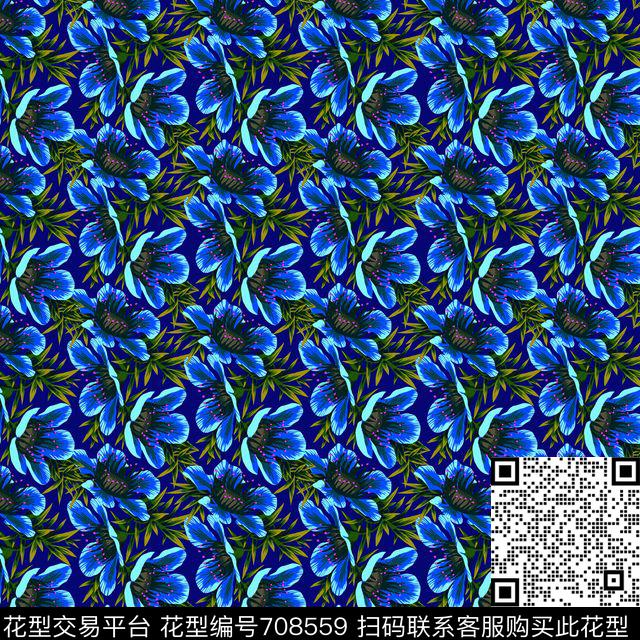 蓝花朵叶子.jpg - 708559 - 小碎花 花朵 花卉 - 数码印花花型 － 女装花型设计 － 瓦栏